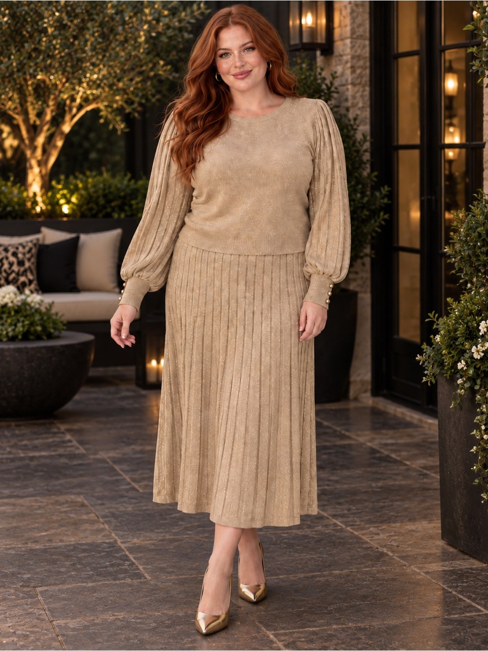 NWT Nanette Lepore Metallic Gold Midi Skirt and Top Set Size Large
